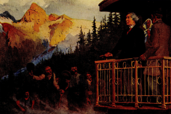 SIR JOHN MACDONALD CROSSING THE ROCKIES OVER THE NEWLY CONSTRUCTED
CANADIAN PACIFIC RAILWAY, 1886