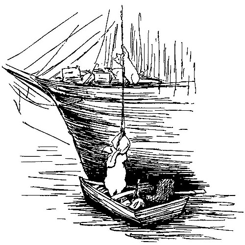 So
the cat took a hasty farewell of Robinson, pushed him over the ship's
side, and he slid down the rope into the boat.