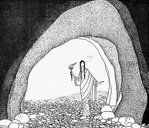 So she peeped into the entrance of the cave.