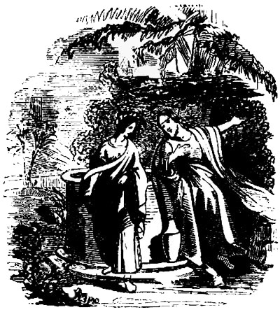 Jesus talking to a woman beside a well