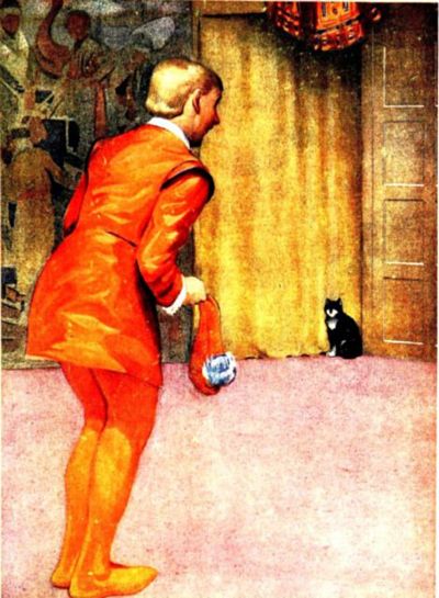 A page accordingly went, and asked the cat whether she
were willing to quit the castle.