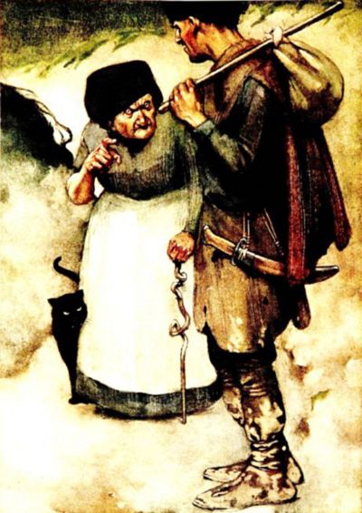 As he was travelling through a wood, he met an old woman, who asked him where he was going.