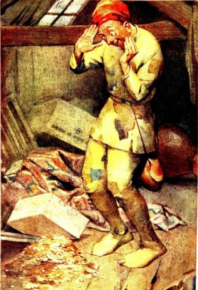 And there he saw a large pile of gold lying on the
floor.