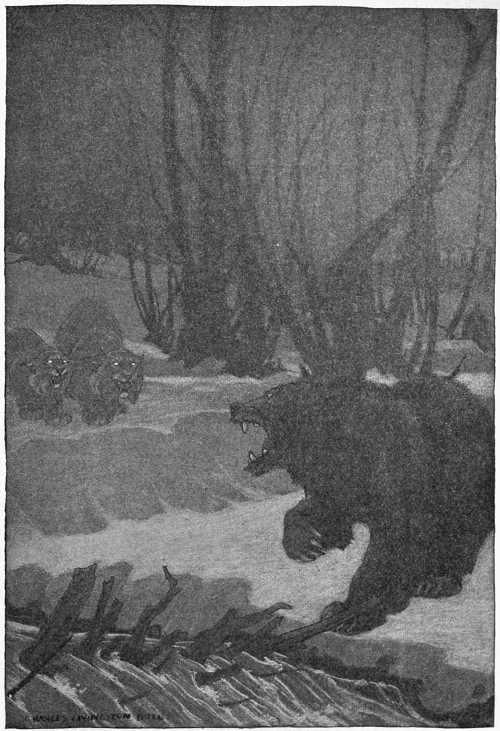 “CONFRONTING THE TWO GREAT CATS WITH UPLIFTED PAW AND MOUTH WIDE OPEN.”