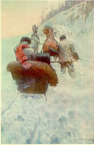 Frontispiece:  Floundering on foot beside them
he urged the team through the powdery drifts.