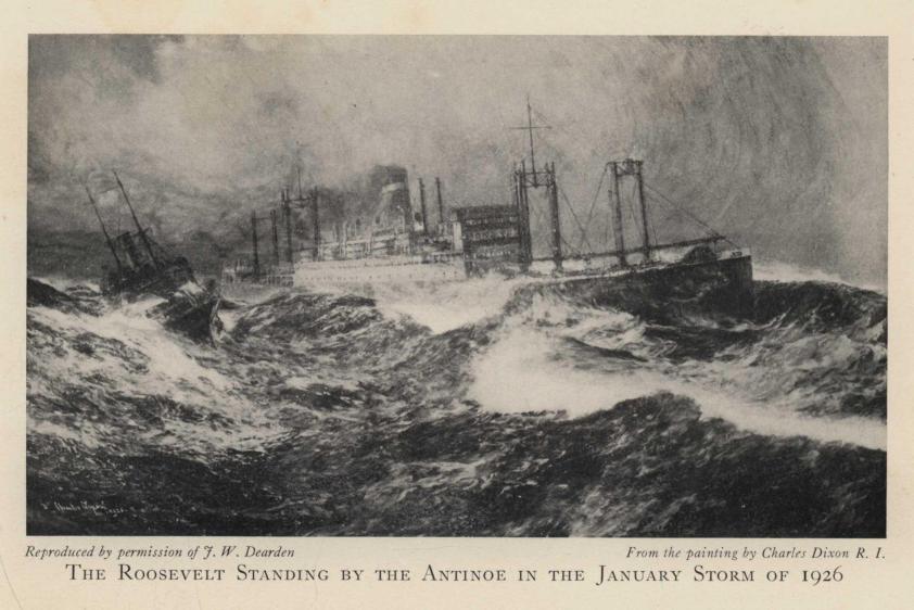The Roosevelt Standing by the Antinoe in the January Storm of 1926. From the painting by Charles Dixon, R.I.