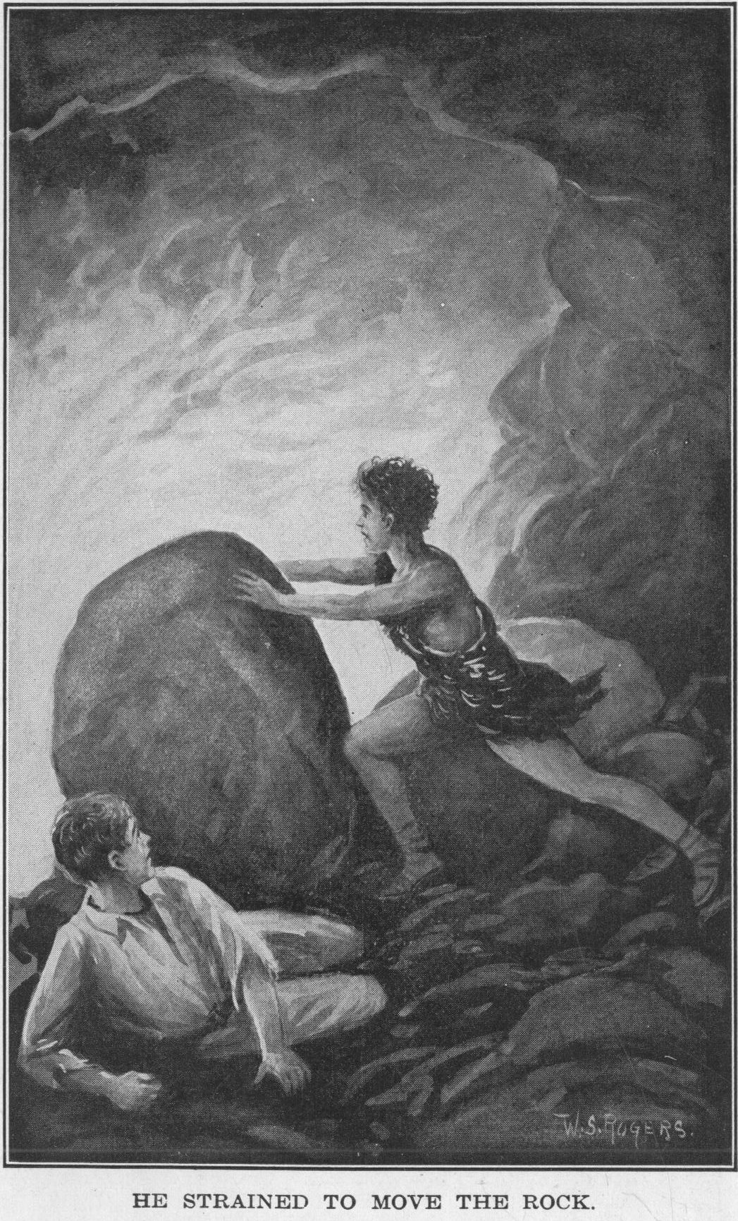 Bomba strains to move the rock trapping the boy.