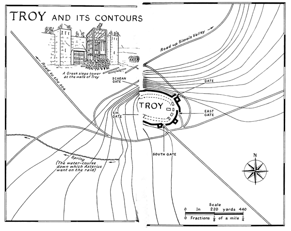 Contour map showing Troy and its gates