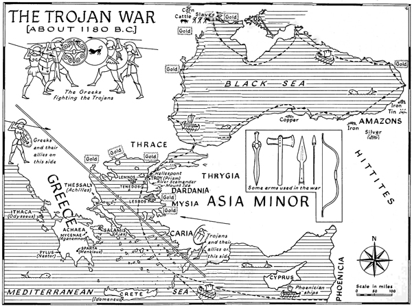 Map showing Greece, Asia Minor, Black Sea and Mediterranean Sea - the scen of the Trojan War