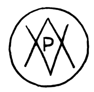 circle with V crossed with inverted V with P in middle