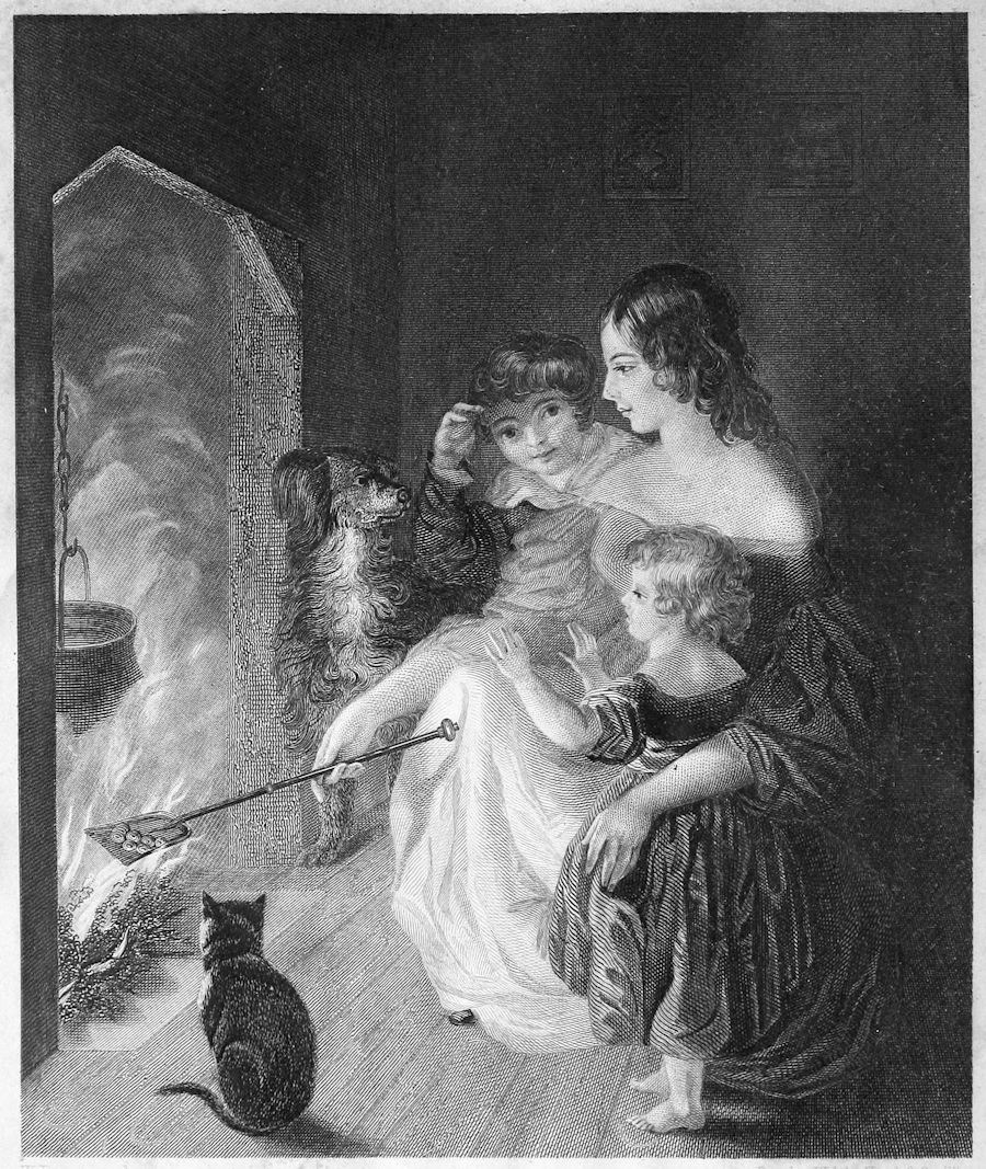 a young woman sits at a fire-side with two young children, a dog and a cat