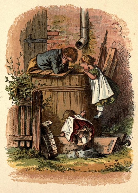Children and a rain barrel