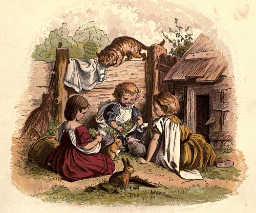 Children playing with bunnies