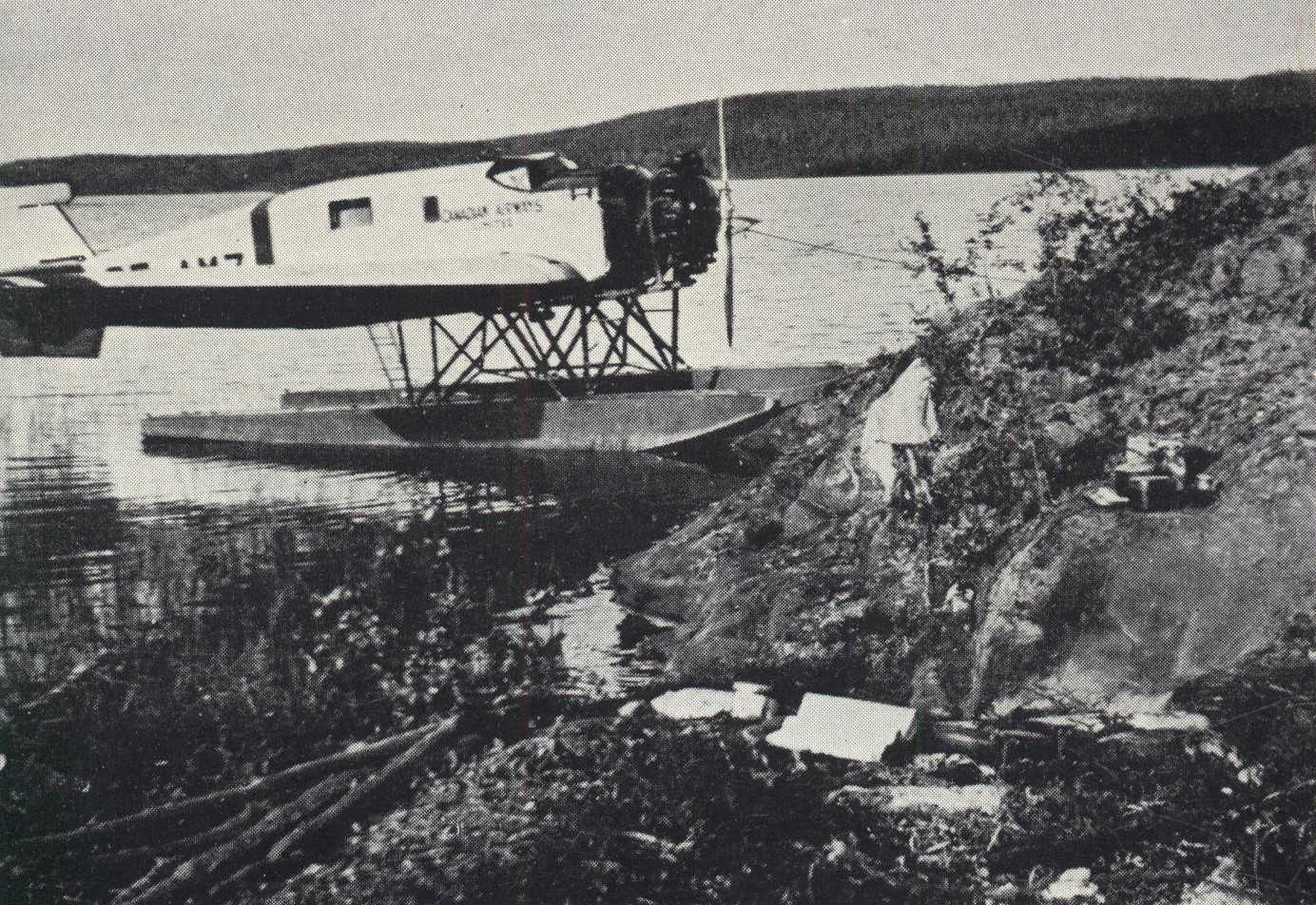 Seaplane beside shore in wilderness