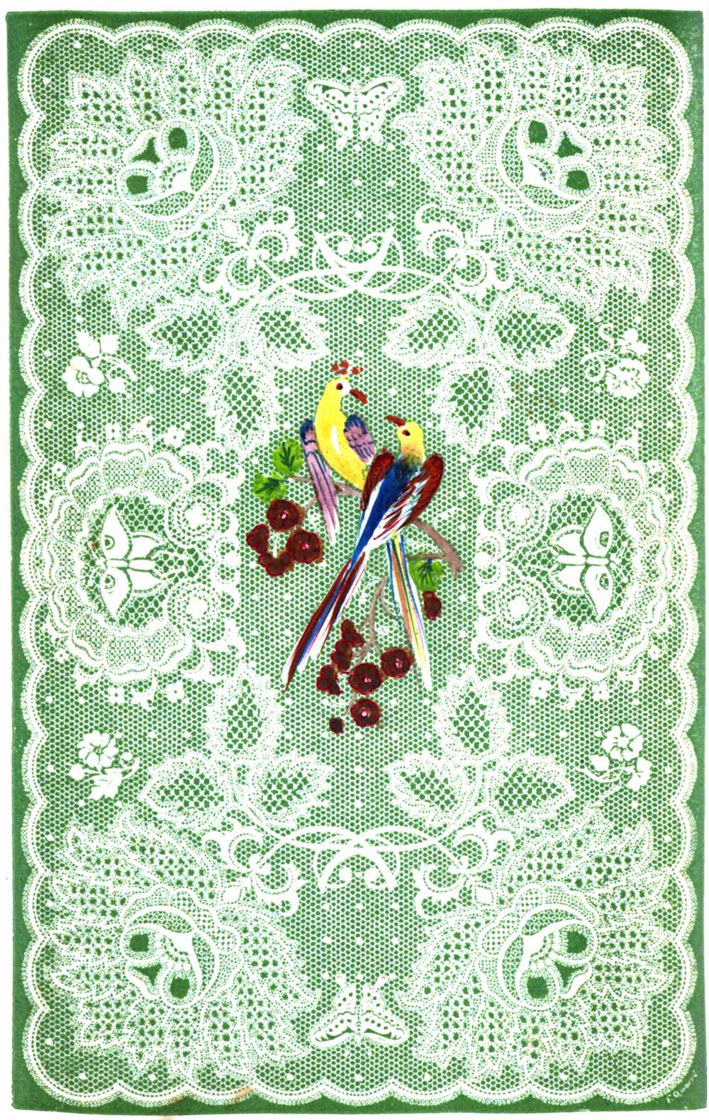 lace work with colored birds in center