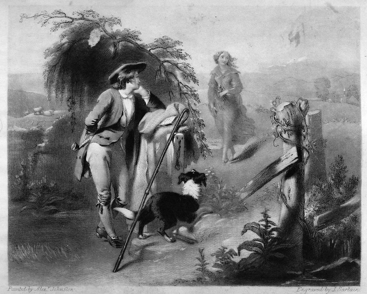 A man and dog watch a lady approaching