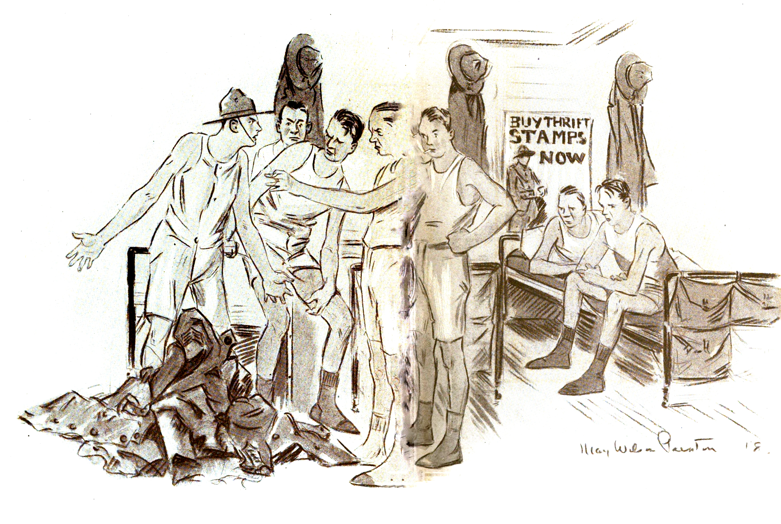 Altercation between five soldiers in state of undress with two watching while sitting on bed