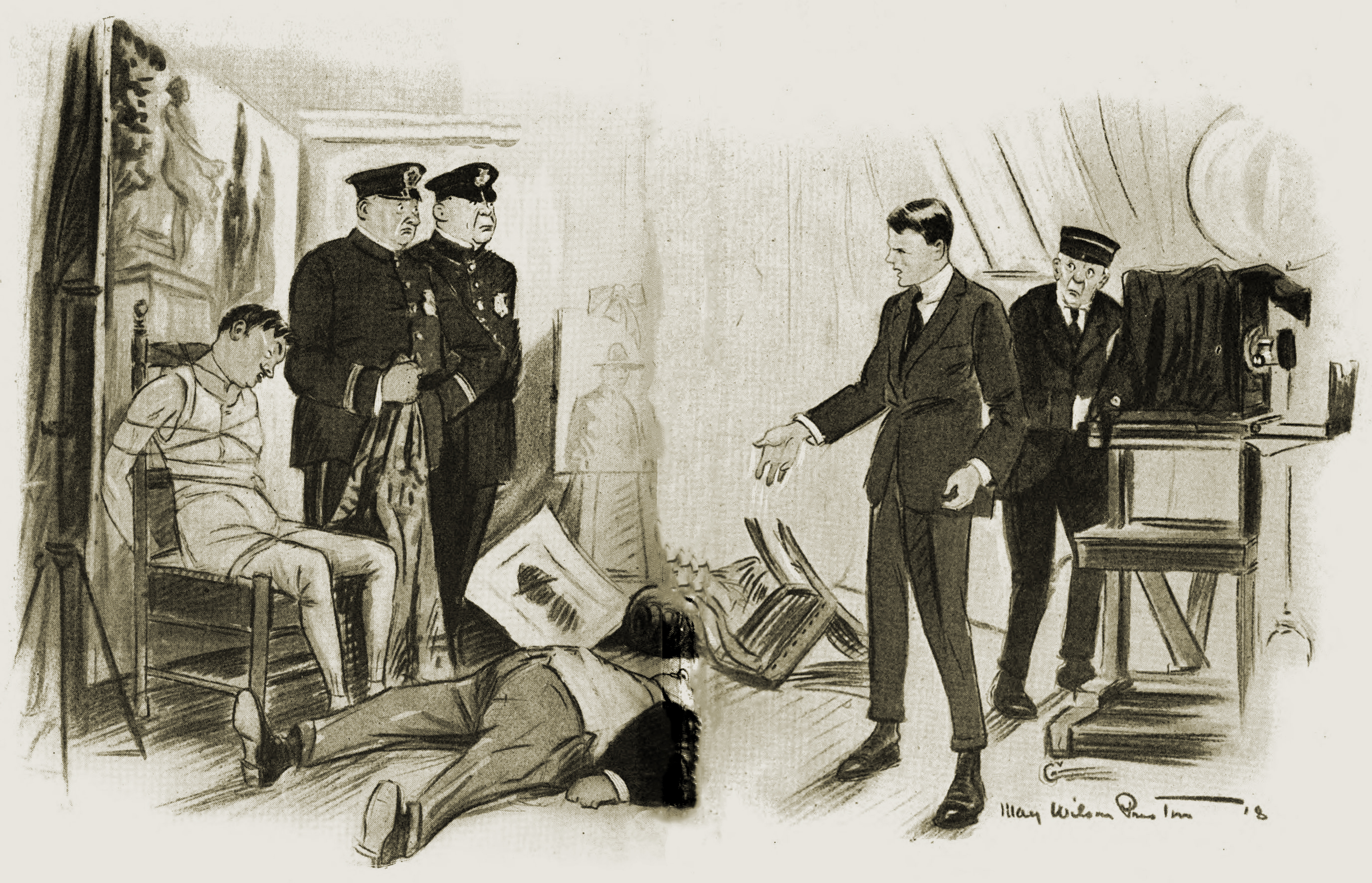 Unconscious man tied in chair, another man on floor, man in suit explaining to uniformed officials. 