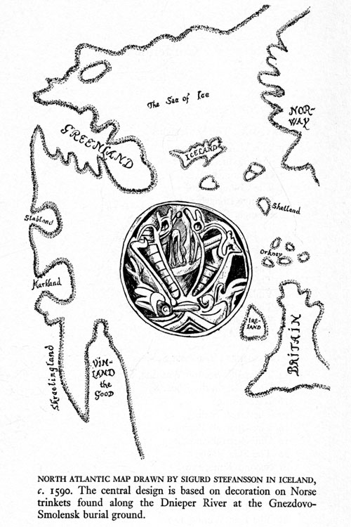 Map of North Atlantic countries with Norse design