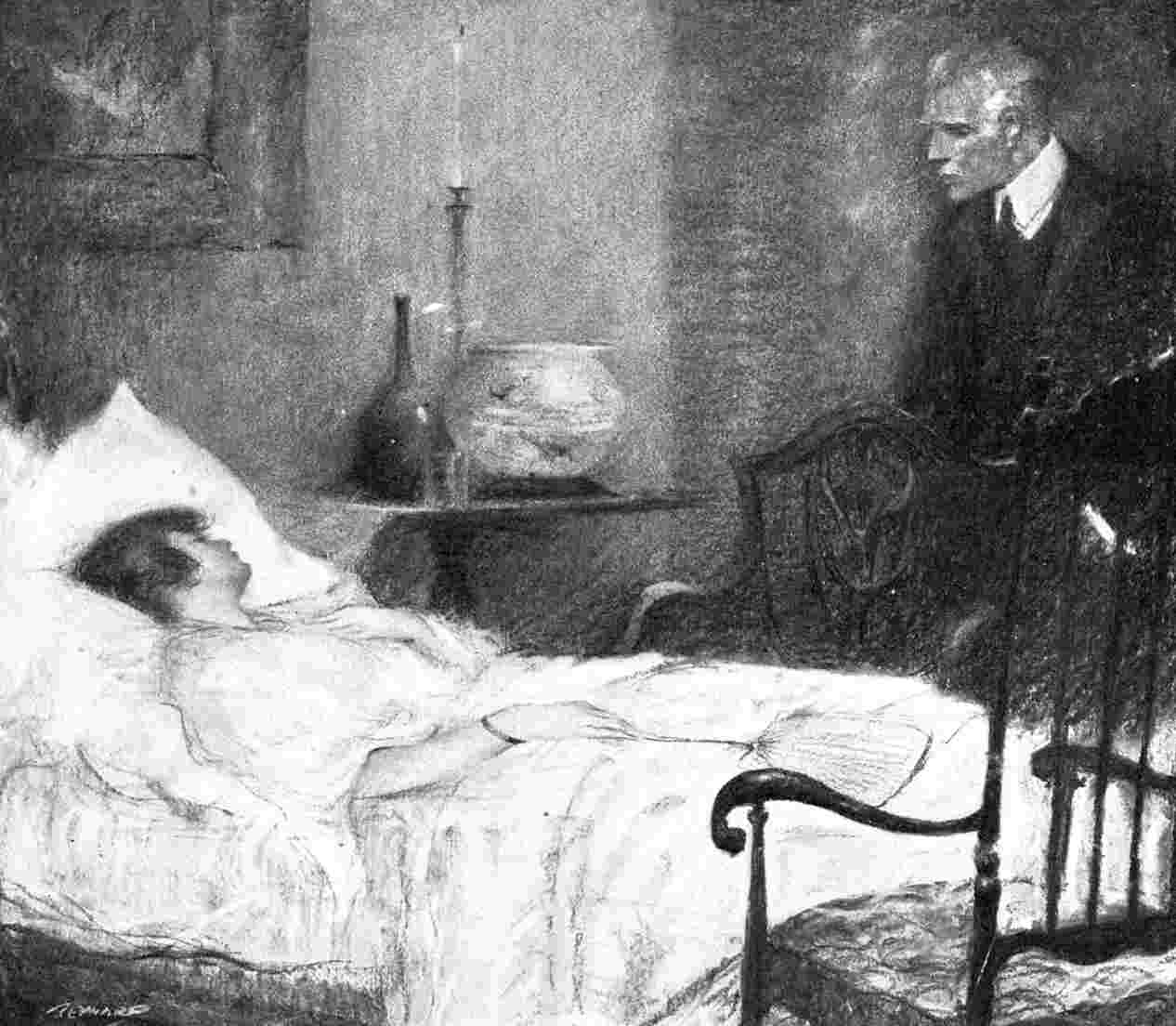 Woman lies in bed while man looks on