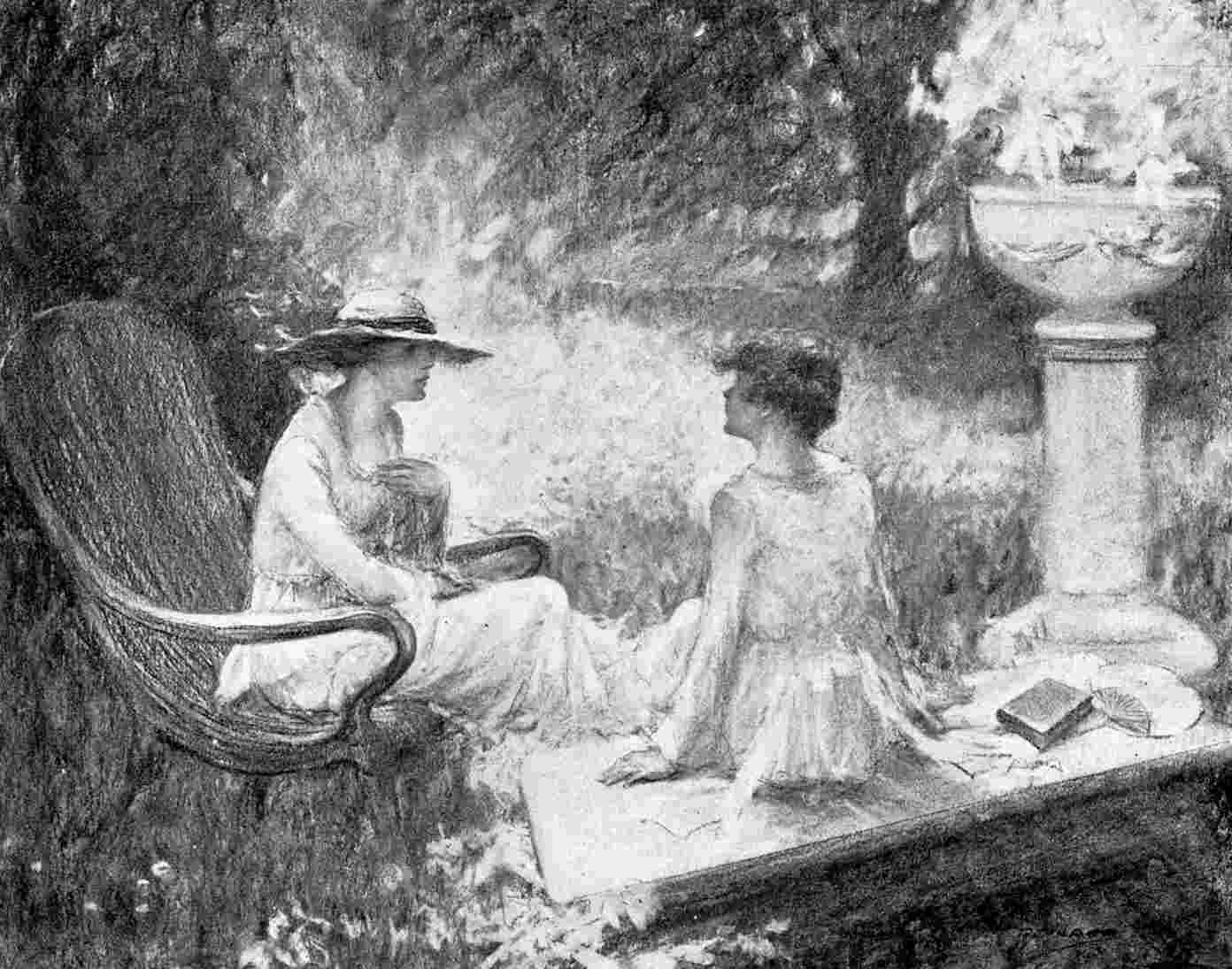 Two women sit together in garden
