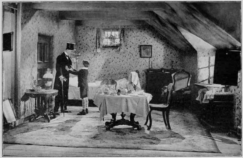 In attic bedroom boy holds hands against gentleman in tophat