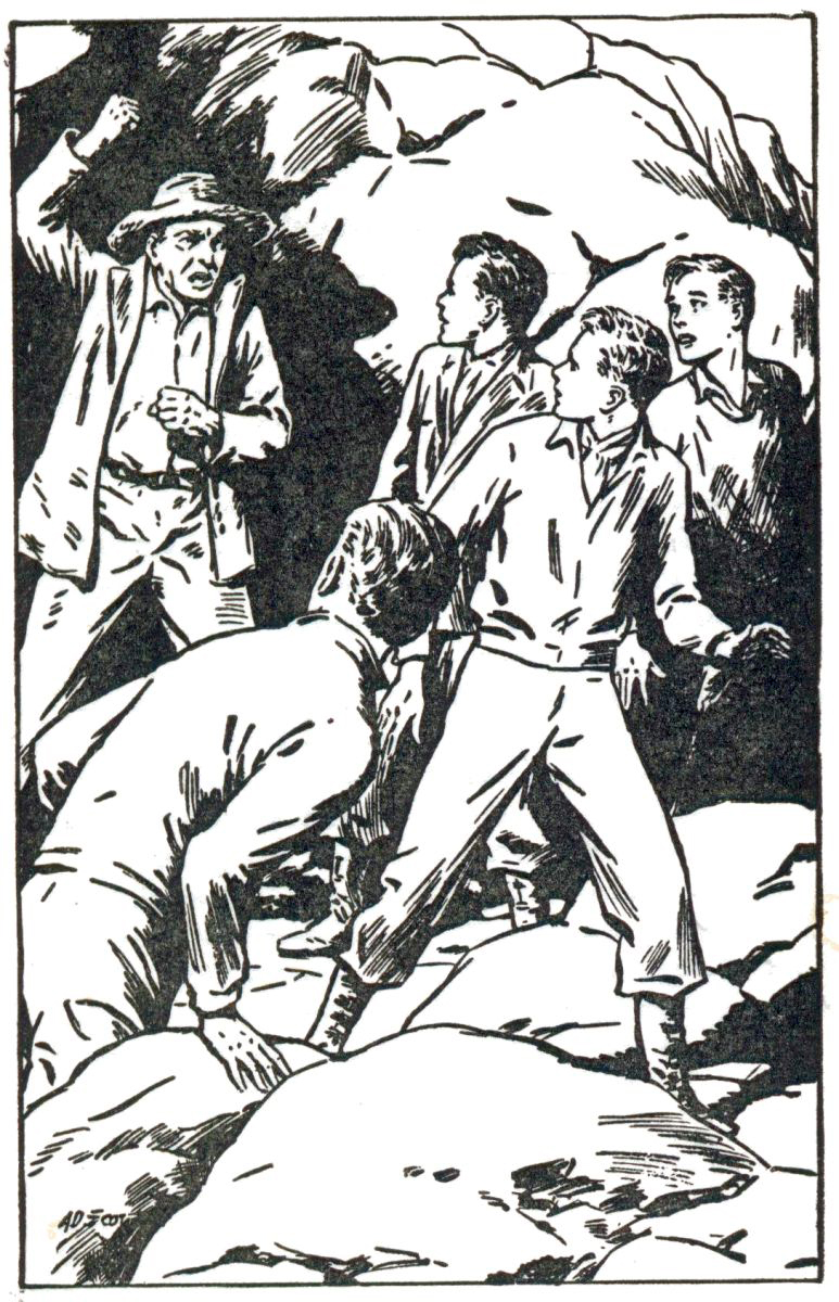 Angry man raises fist in the air to four startled boys.