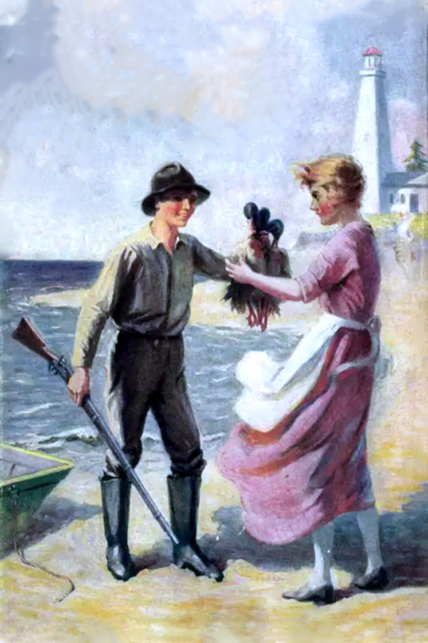 Young man with hunting rifle passes brace of birds to young woman.