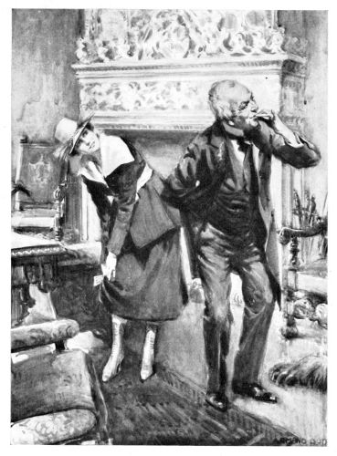 Cigar-smoking man with back to woman who is slipping something into her stocking, large fireplace behind them