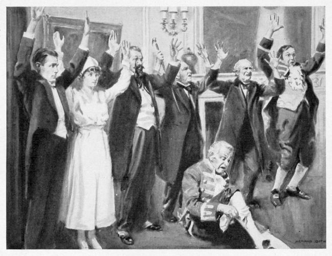 Five men and a woman standing with their hands raised while the butler sits on the floor nursing his leg