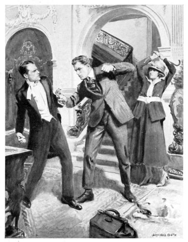 Two men in a fist fight and woman standing behind one with her umbrella raised over her head