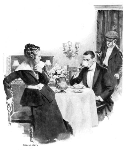 Woman and man at table: he absorbed sipping his coffee while she starts at seeing a man with a gun behind him