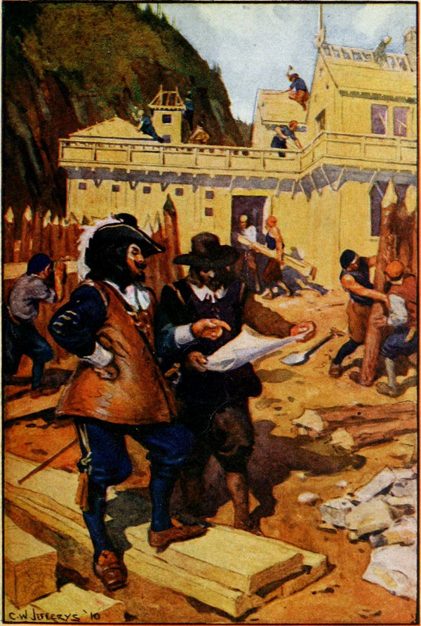 painting of men standing in front of a building under construction, and looking at a set of plans