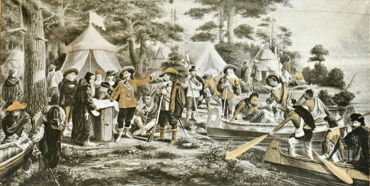 Champlain with his guides, soldiers and a priest preparing to embark of a journey