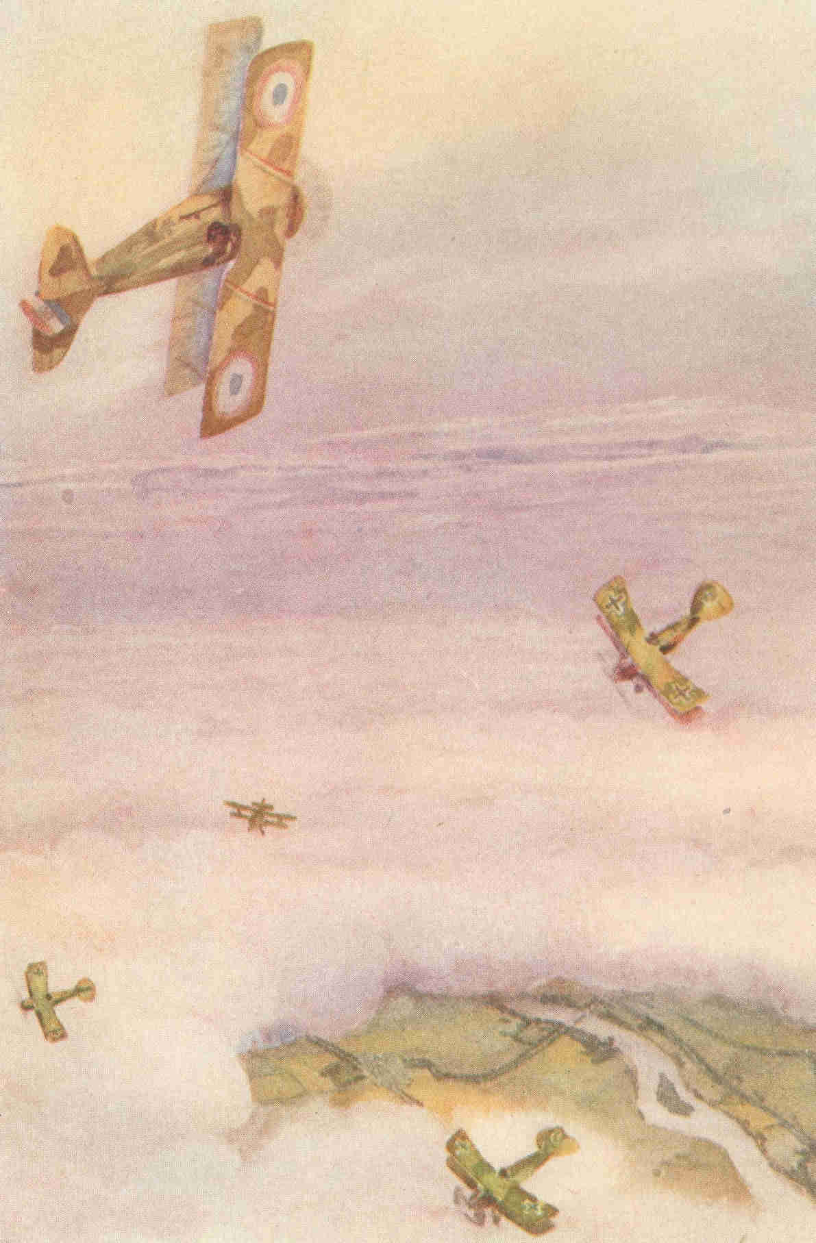 Several airplanes in a dogfight.
