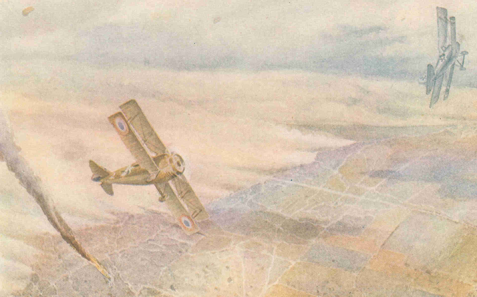 Two airplanes in a dogfight