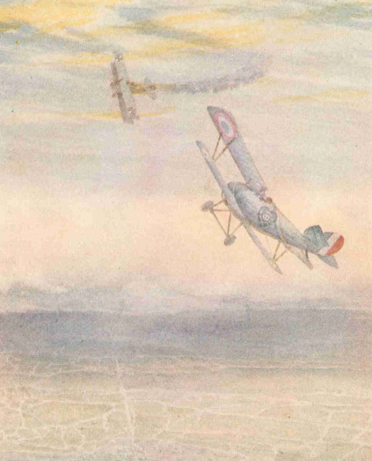 Two airplanes in a dogfight
