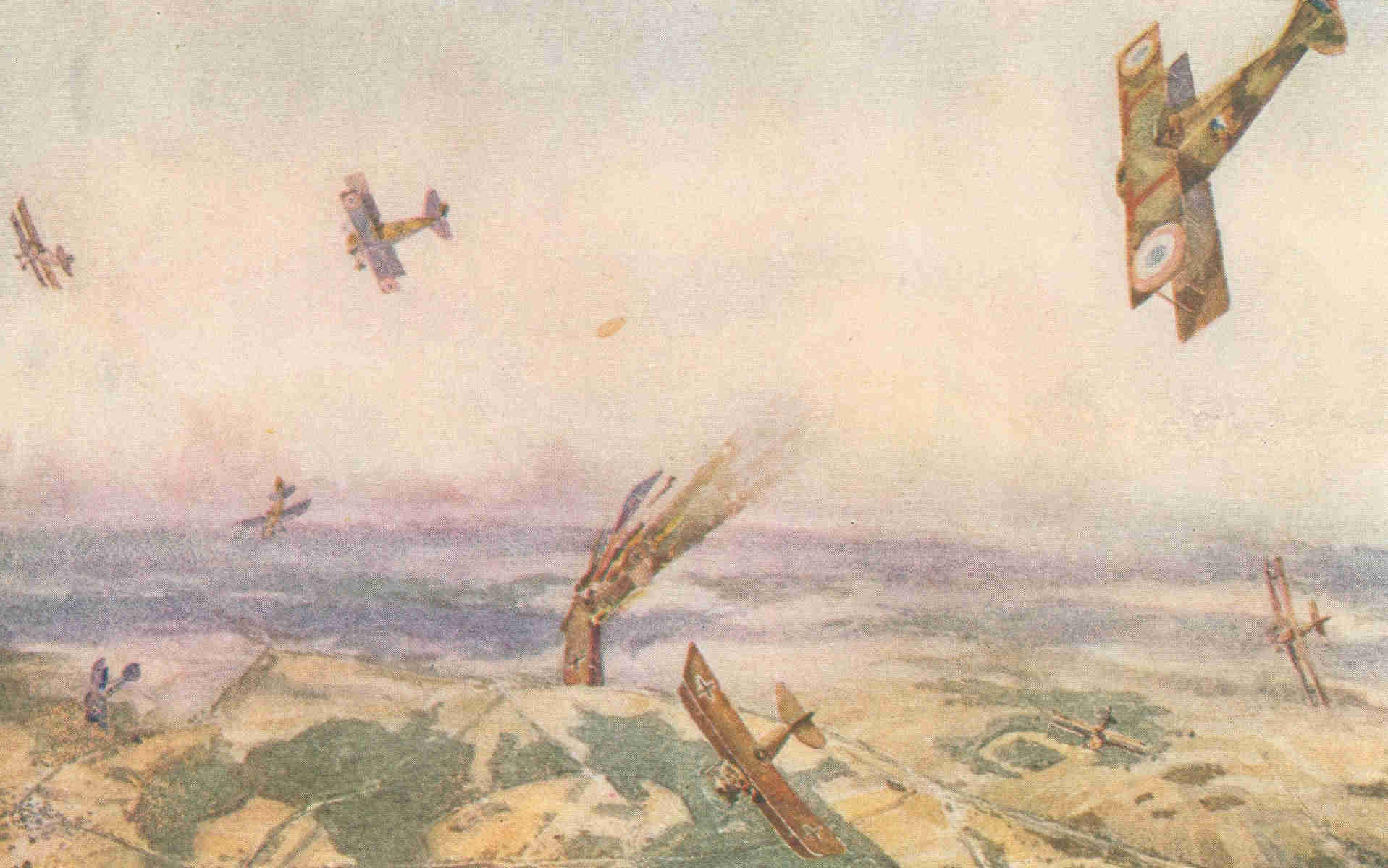 Many airplanes in a dogfight