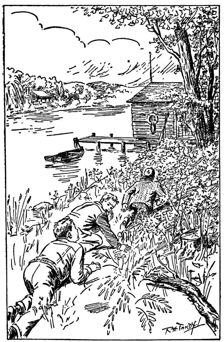 Three boys crawling on the grass toward a boat house