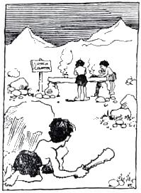 a man holding a club is crouching behind a rock watching two other men who appear to be cooking food