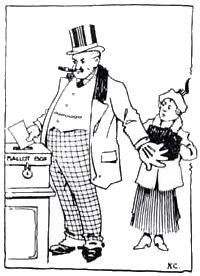 a man wearing a top hat is placing a paper into a ballot box while pushing the woman standing behind him
