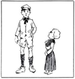 a small woman is looking up towards a boy wearing a cap