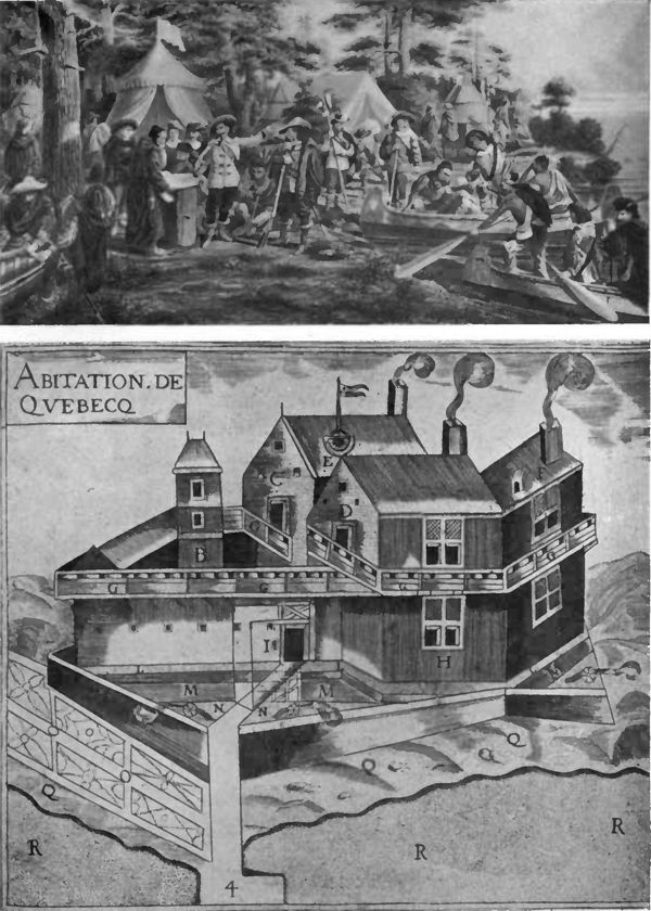 painting of French and native people meeting (top) and drawing of old building (bottom)