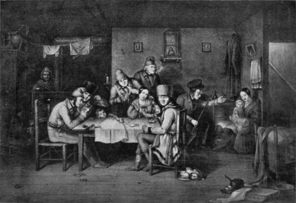 painting of several people in a kitchen