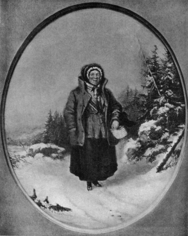 painting of a woman wearing lots of clothing and walking in the snow