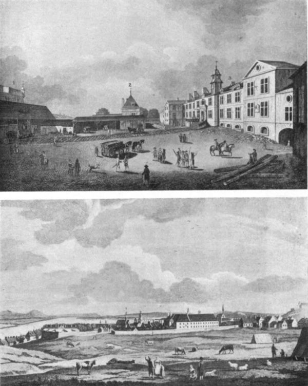 two paintings of imposing buildings