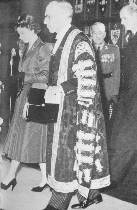 Princess Elizabeth and Prince Philip with the Chancellor of the University of Toronto at Hart House, 1951