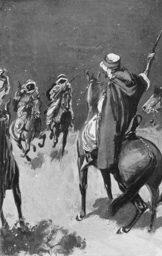 Two Arabs on horses charging another Arab on horse