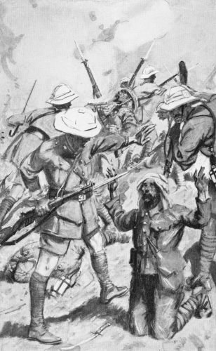 A turbaned man on knees with raised arms to two British soldiers, one with bayonet at his back while other holding hand up to hold action.