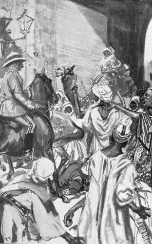 British officer riding a horse with pistol in hand riding through a turbaned crowd of men.